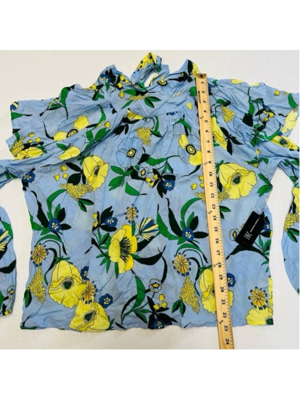 INC Light Blue Floral Long Sleeve Tie Neck Wear To Work Women Blouse Size XL - Picture 7 of 11